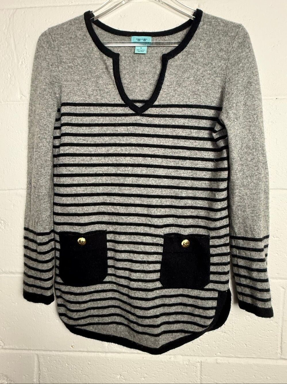 Two Bees Cashmere 100% Cashmere Striped Sweater Women’s Medium Gray Black Nautic